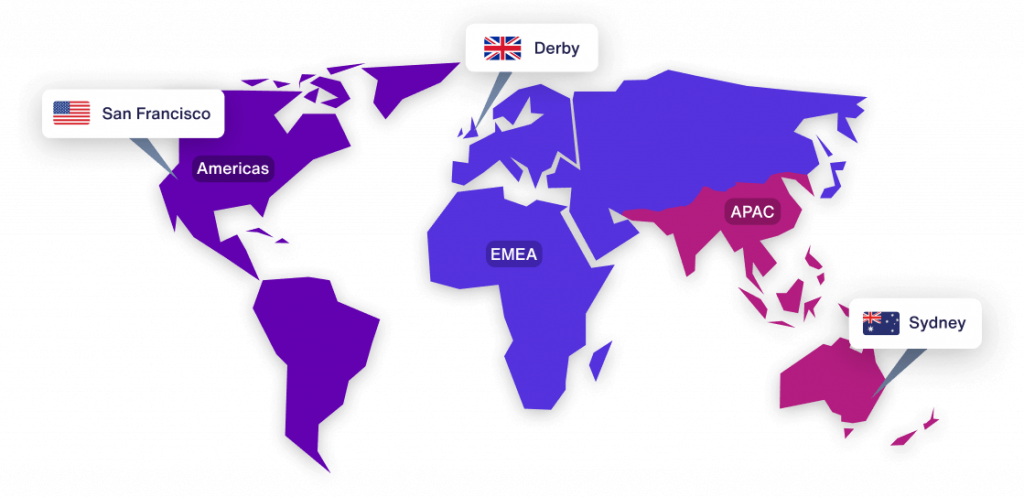 Map of the world showing offices in San Francisco, Derby and Sydney